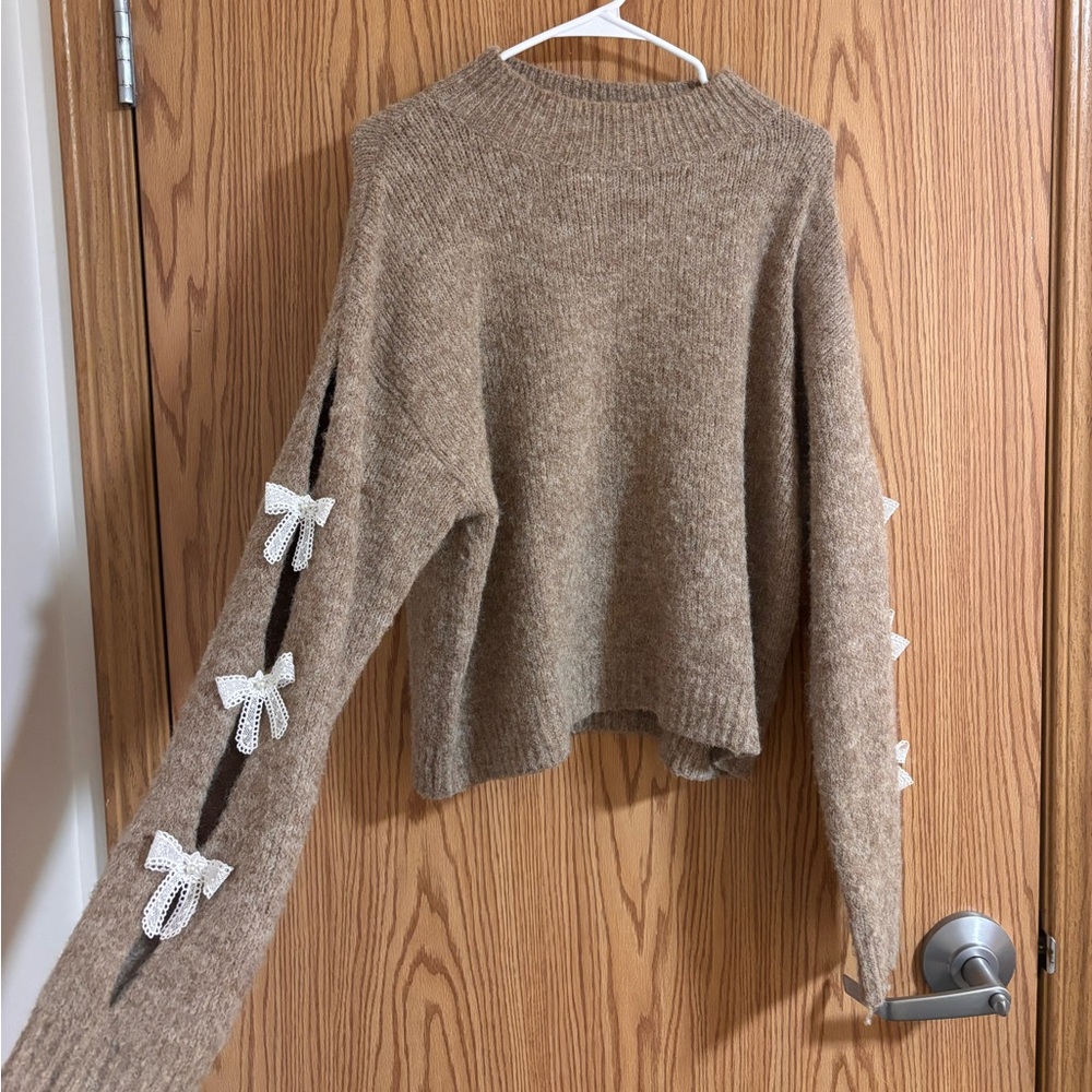 Privy Tan Sweater with Bow Details